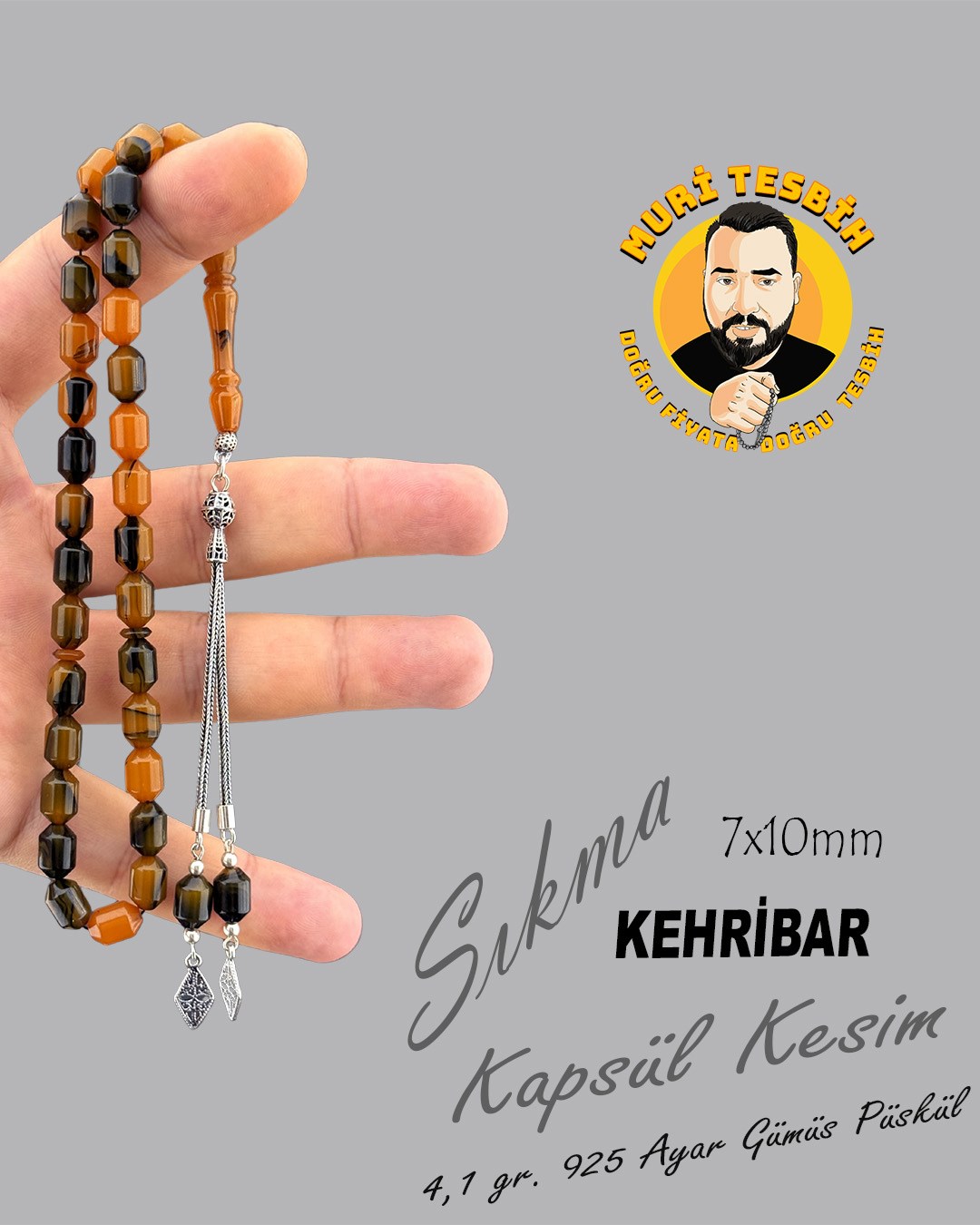 4,1 GR 925 AYAR GÜMÜŞ PÜSKÜL SIKMA KEHRİBAR KAPSÜL KESİM 7X10