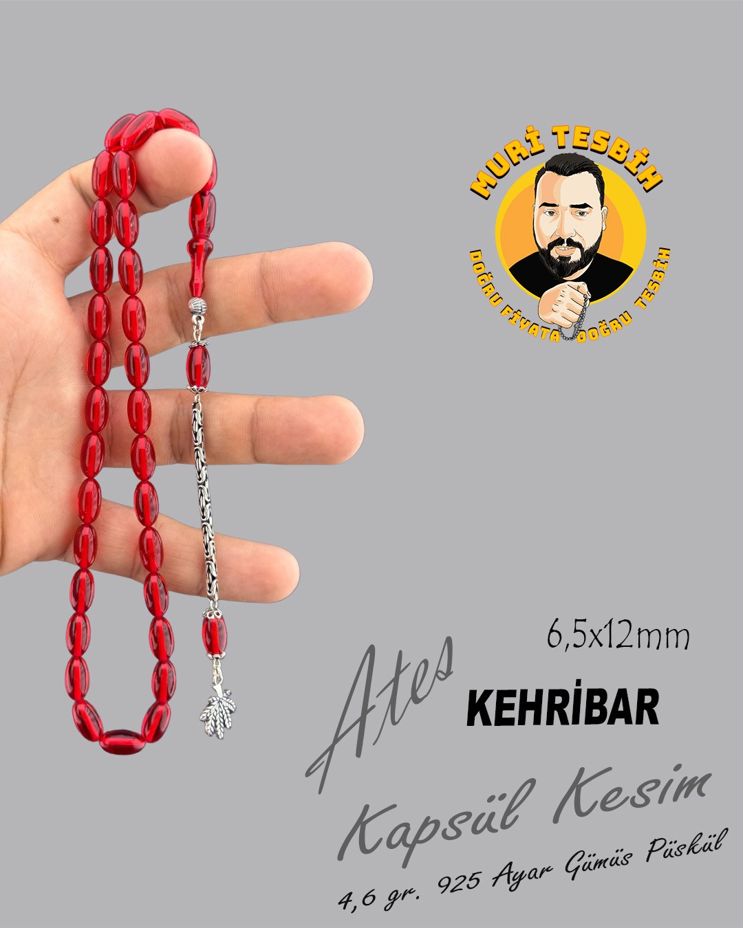 4,6 GR 925 AYAR GÜMÜŞ PÜSKÜL ATEŞ KEHRİBAR KAPSÜL KESİM 6,50X12