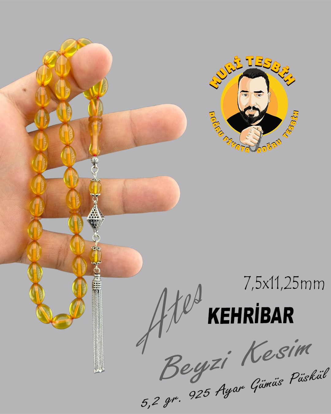 5,2 GR 925 AYAR GÜMÜŞ PÜSKÜL ATEŞ KEHRİBAR BEYZİ KESİM 7,50X11,25