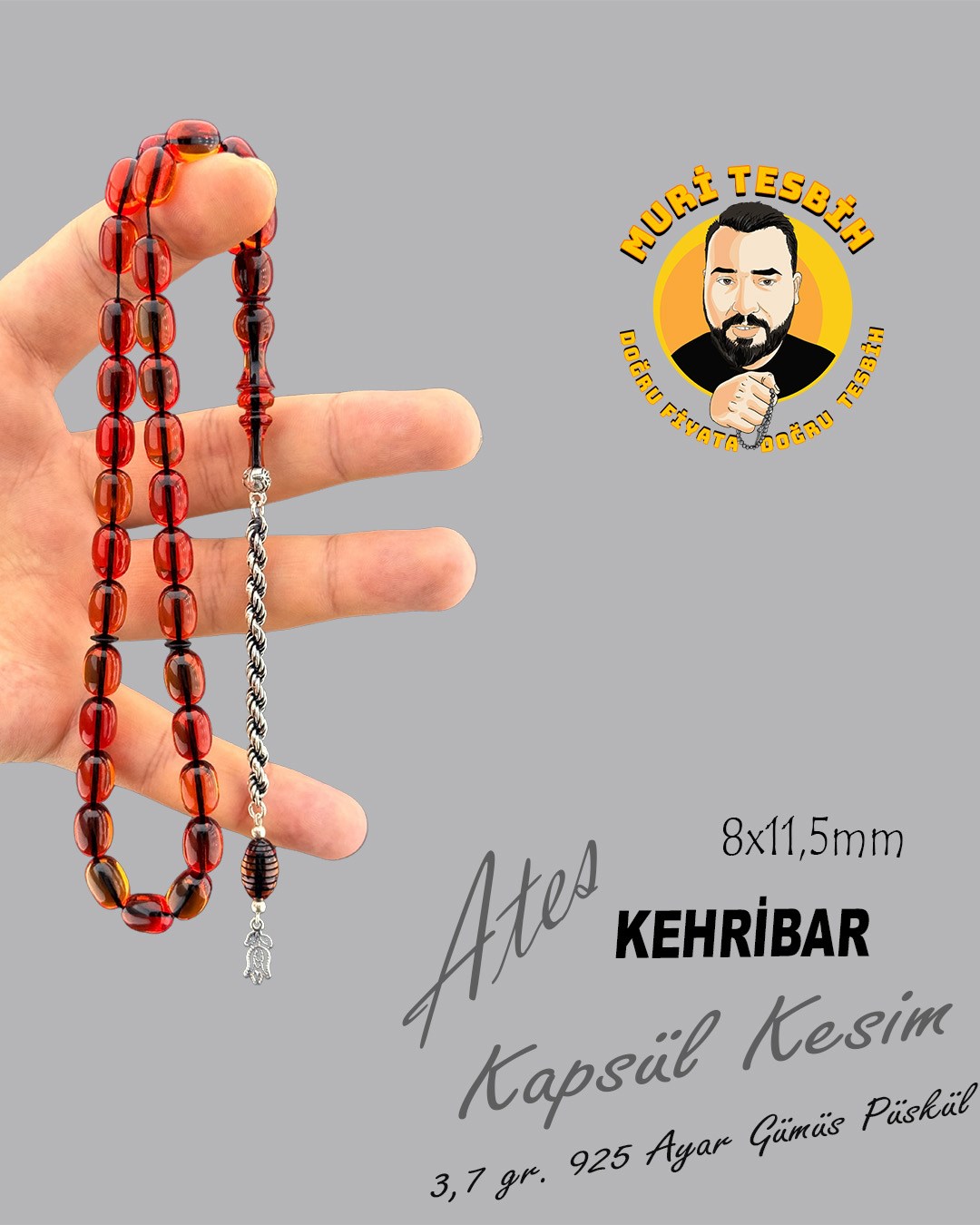 3,7 GR 925 AYAR GÜMÜŞ PÜSKÜL ATEŞ KEHRİBAR KAPSÜL KESİM 8X11,50