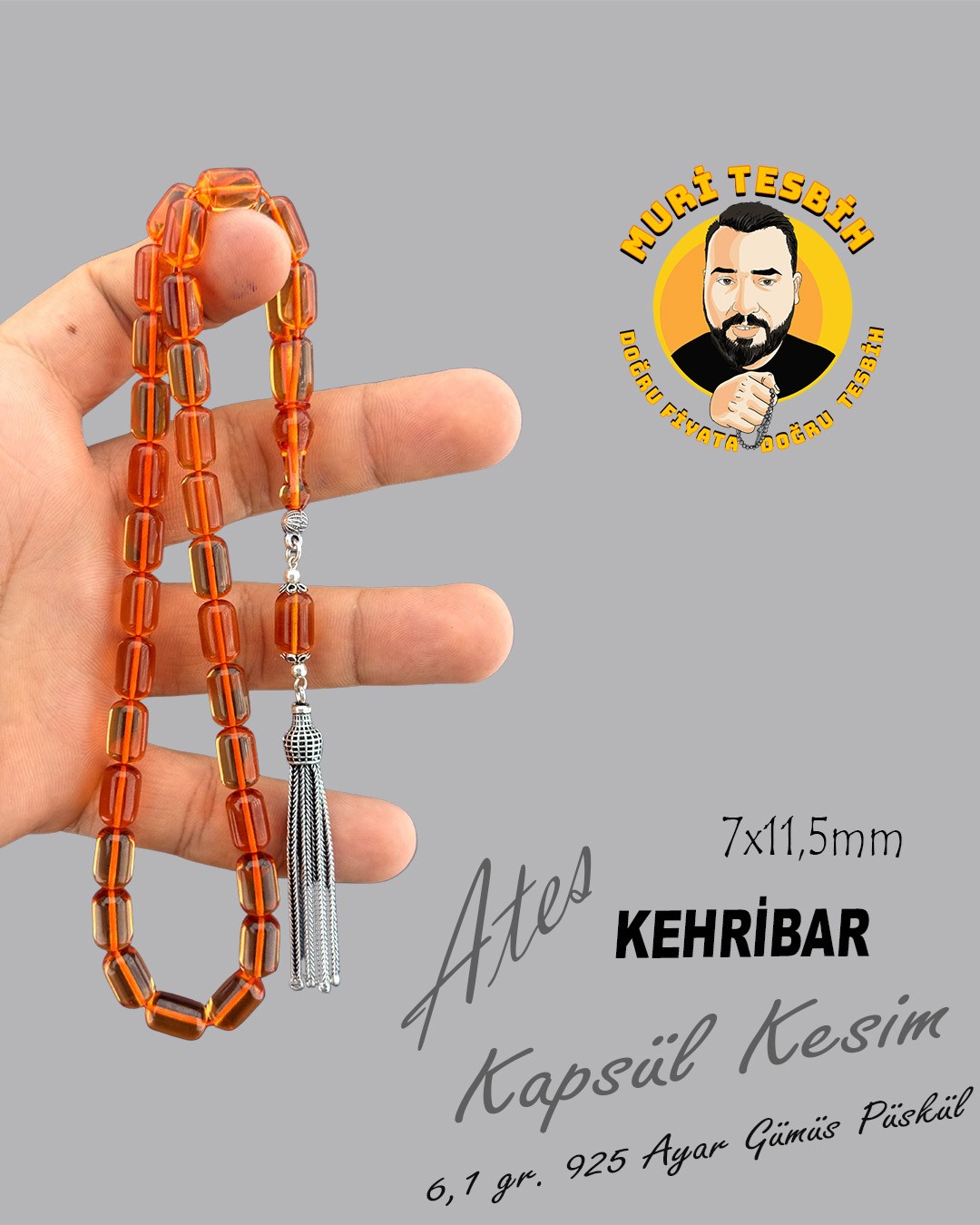 6,1 GR 925 AYAR GÜMÜŞ PÜSKÜL ALİ ALBAYRAK ATEŞ KEHRİBAR KAPSÜL KESİM 7X11,50