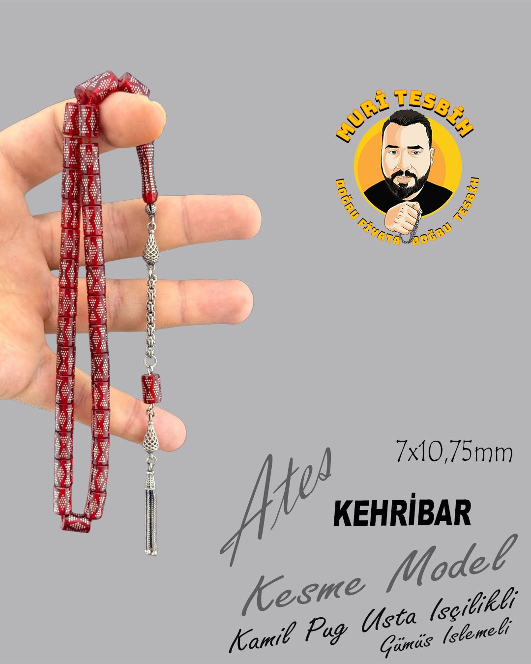1000 AYAR İŞLEMELİ KAMİL PUĞ  ATEŞ KEHRİBAR 925 AYAR PÜSKÜL KESME KESİM 7X10,75mm