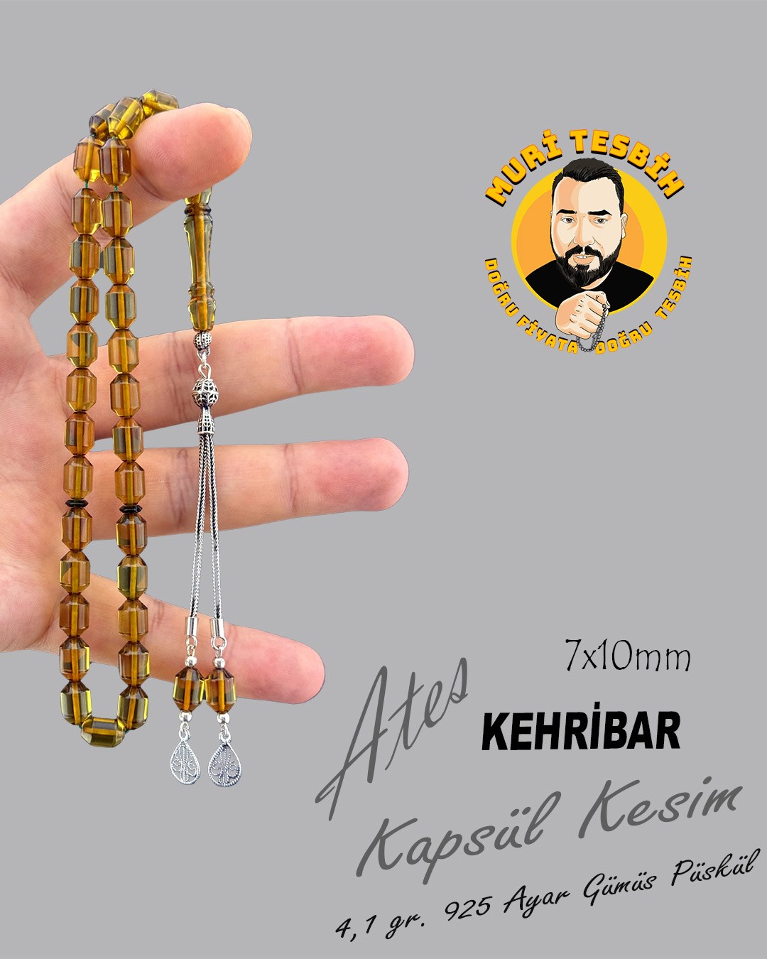 4,1 GR 925 AYAR GÜMÜŞ PÜSKÜL ATEŞ KEHRİBAR KAPSÜL KESiM 7X10
