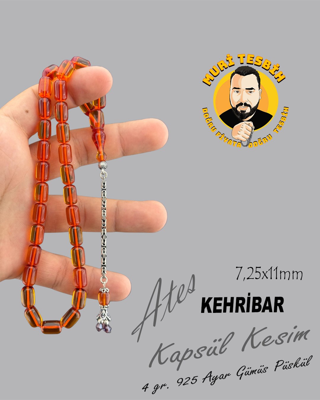 4 GR 925 AYAR GÜMÜŞ PÜSKÜL ALİ ALBAYRAK ATEŞ KEHRİBAR KAPSÜL KESİM 7,25X11