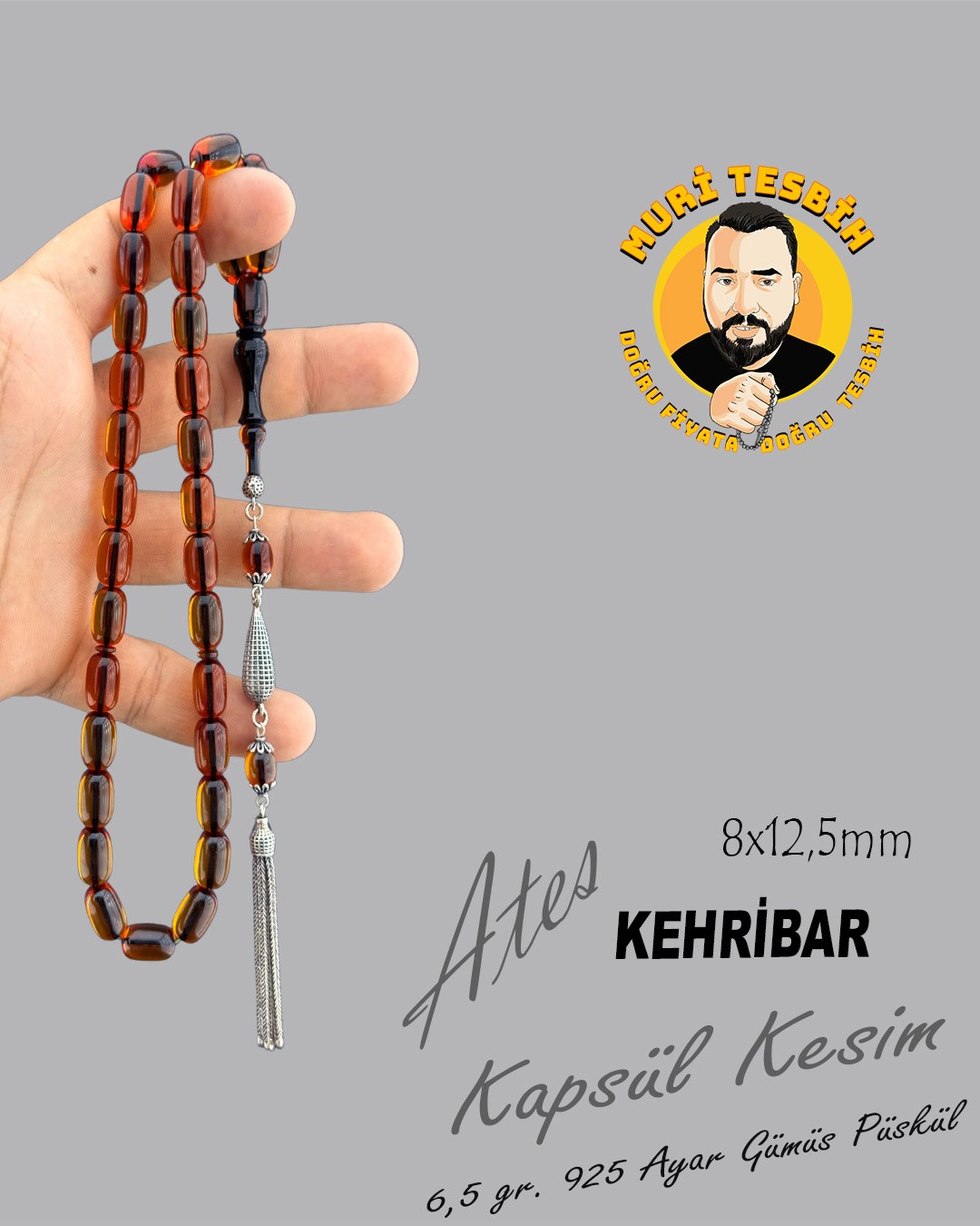 6,5 GR 925 AYAR GÜMÜŞ PÜSKÜL ATEŞ KEHRİBAR KAPSÜL KESİM 8X12,50