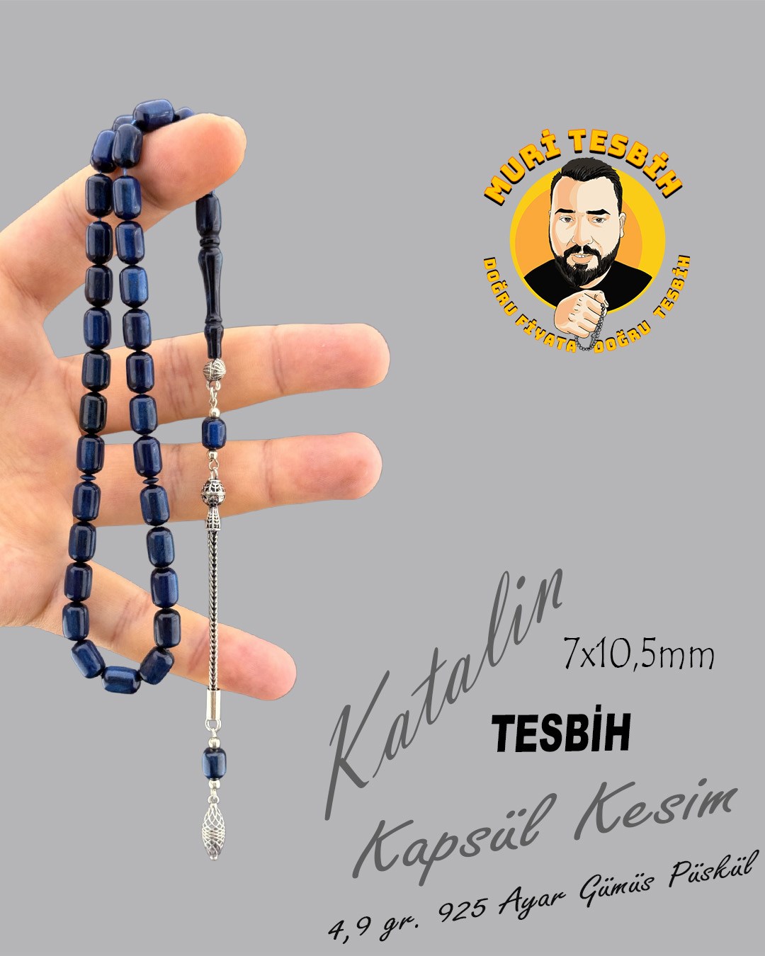 MURİ TESBİH 4,9 GR 925 AYAR GÜMÜŞ PÜSKÜL KATALiN KAPSÜL KESİM 7X10,50