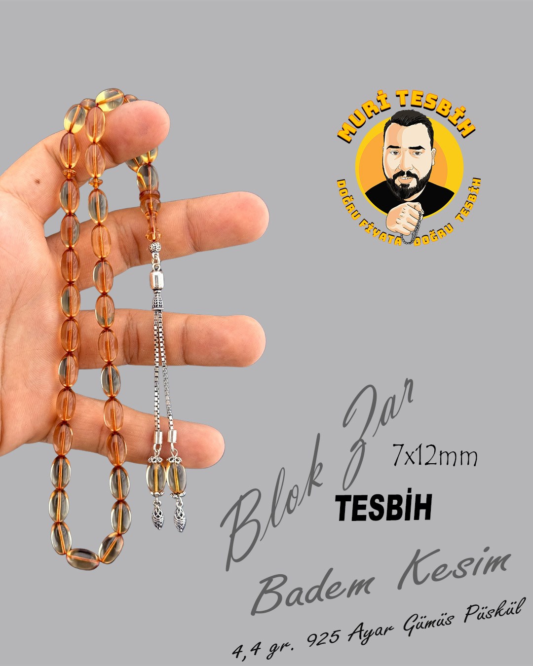 4,4 GR 925 AYAR GÜMÜŞ PüSKÜL M.E.C BLOK ZAR BADEM KESİM 7X12
