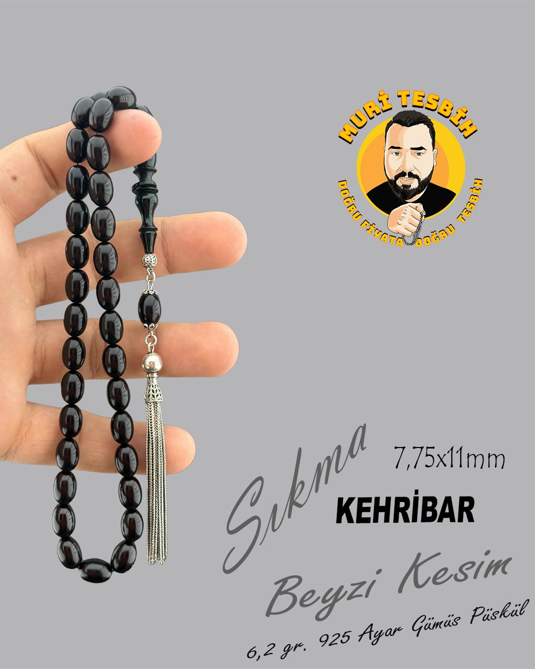 6,2 GR 925 AYAR GÜMÜŞ PÜSKÜL M.S.G SIKMA KEHRİBAR BEYZİ KESİM 7,75X11