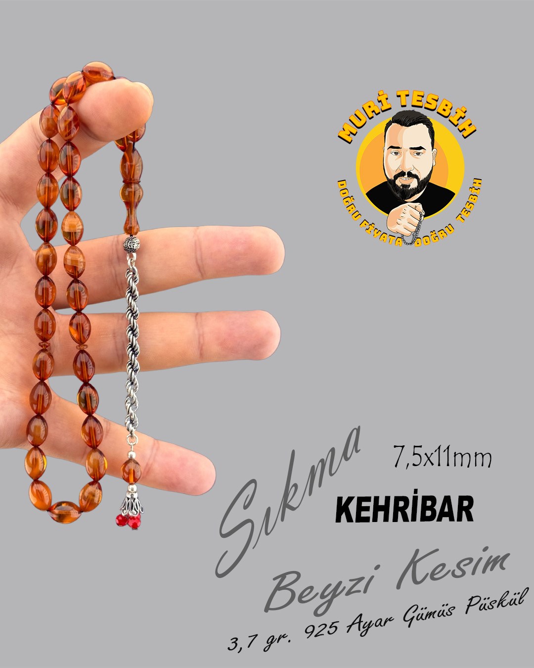3,7 GR 925 AYAR GÜMÜŞ PÜSKÜL ALİ ALBAYRAK SIKMA KEHRİBAR BEYZİ KESİM 7,50X11