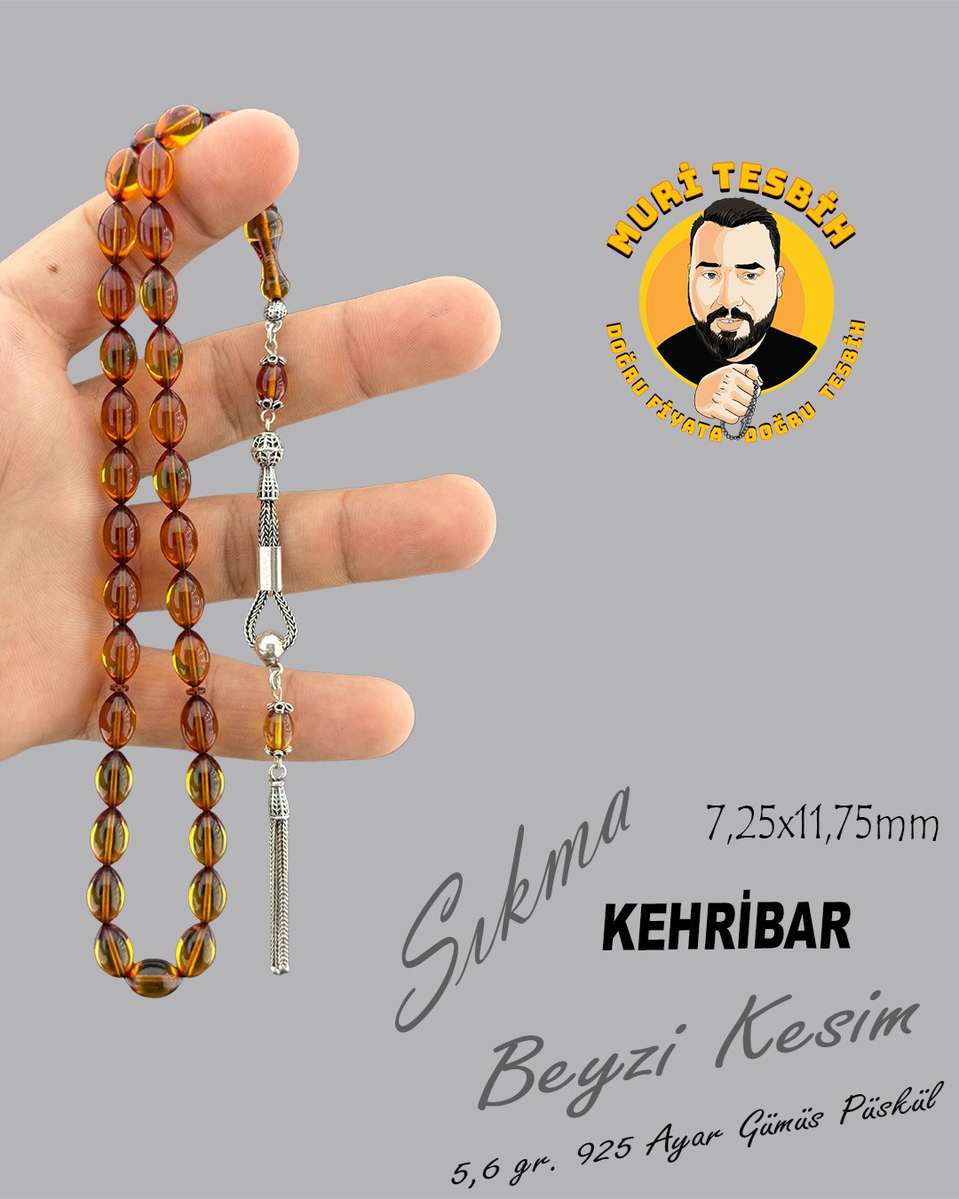 5,6 GR 925 AYAR GÜMÜŞ PÜSKÜL ALİ ALBAYRAK SIKMA KEHRİBAR ATEŞ KEHRİBAR BEYZİ KESİM 7,25X11,75