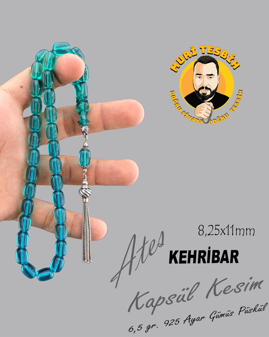 6,5 GR 925 AYAR GÜMÜŞ PÜSKÜL  ATEŞ KEHRİBAR TESBİH KAPSÜL KESİM 8,25X11mm