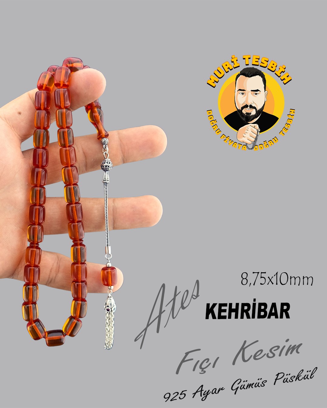 6,6 GR 925 AYAR GÜMÜŞ PÜSKÜL ATEŞ KEHRİBAR FIÇI KESİM 8,75X10