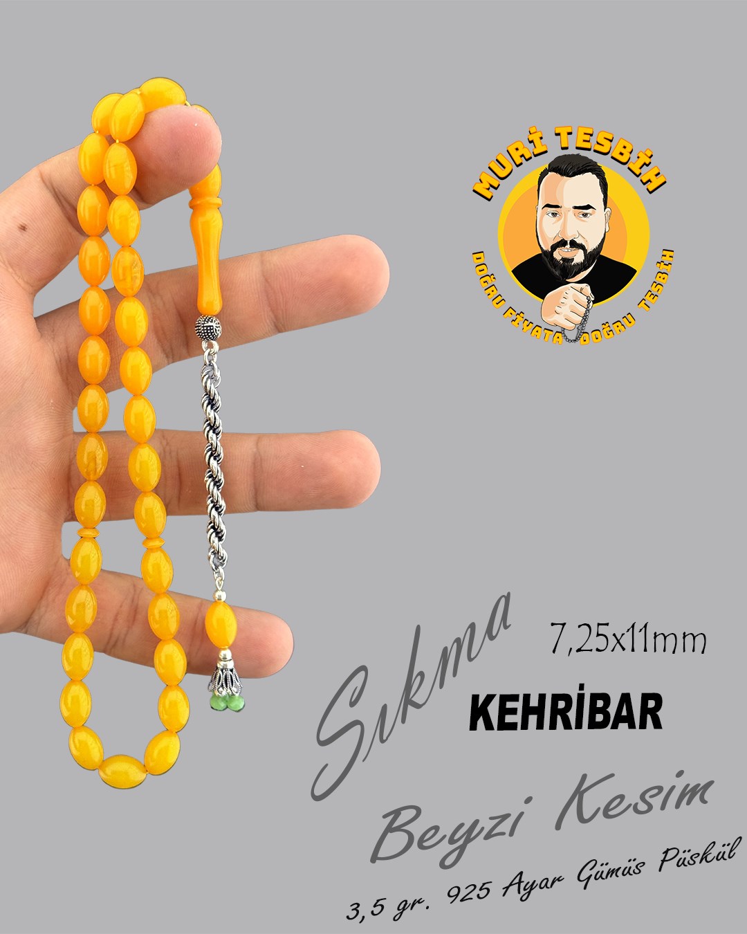 3,5 GR 925 AYAR GÜMÜŞ PÜSKÜL SIKMA KEHRİBAR BEYZİ KESİM 7,25X11