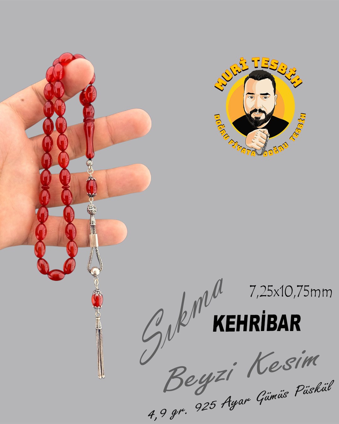 4,9 GR 925 AYAR GÜMÜŞ PÜSKÜL SIKMA KEHRİBAR BEYZİ KESİM 7,25X10,75