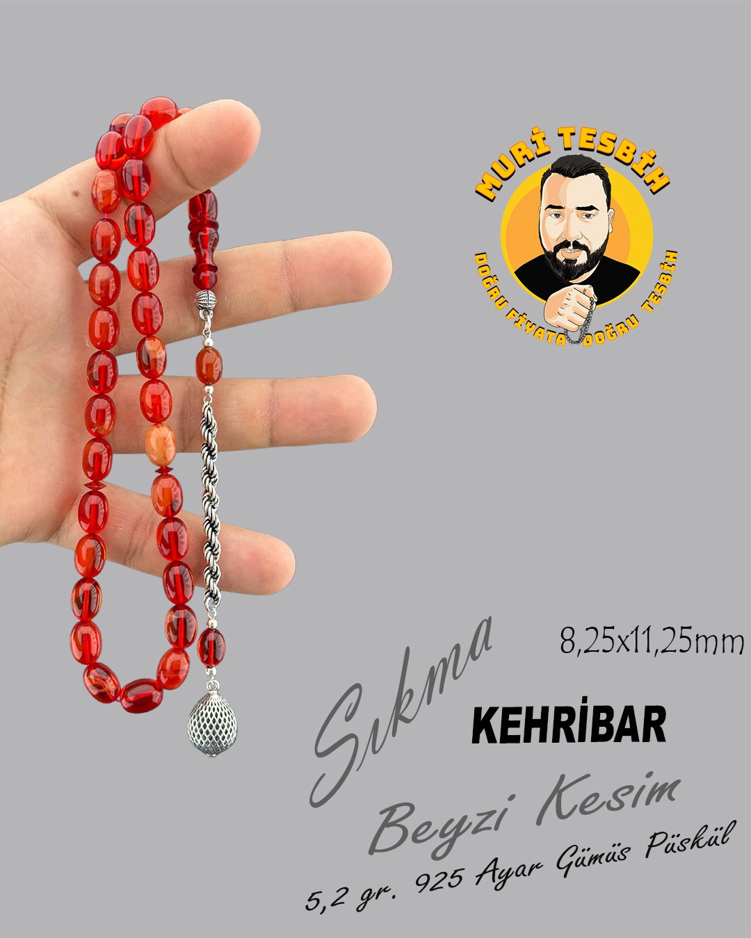 5,2 GR 925 AYAR GÜMÜŞ PÜSKÜL ALİ ALBAYRAK SIKMA KEHRİBAR BEYZİ KESİM 8,25X11,25