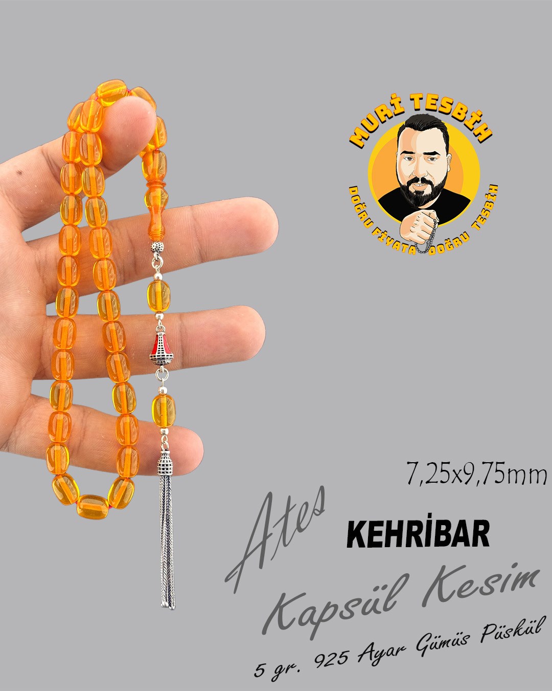 MURİ TESBİH 5 GR 925 AYAR GÜMÜŞ PÜSKÜL M.S.G ATEŞ KEHRİBAR KAPSÜL KESİM 7,25X9,75