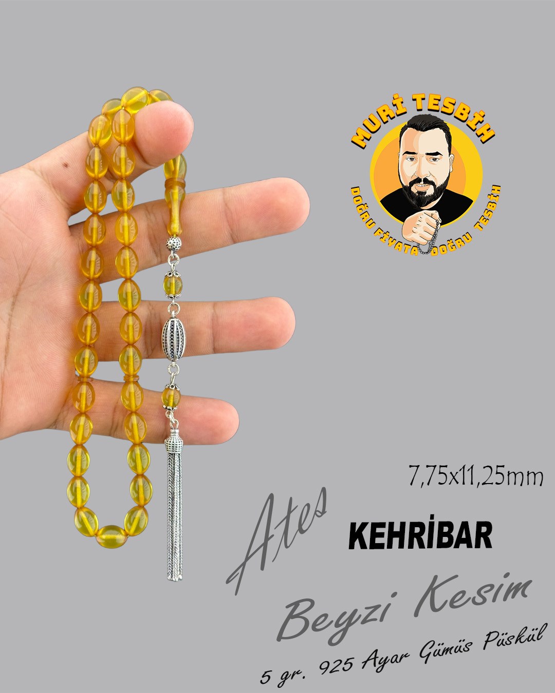 6,5 GR 925 AYAR GÜMÜŞ PÜSKÜL ATEŞ KEHRİBAR BEYZİ KESİM 7,75X11,25