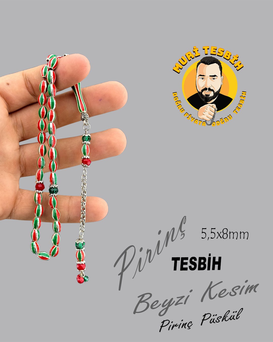 YEŞİL KIRMIZI PİRİNÇ TESBİH BEYZİ KESİM 5,5X8mm