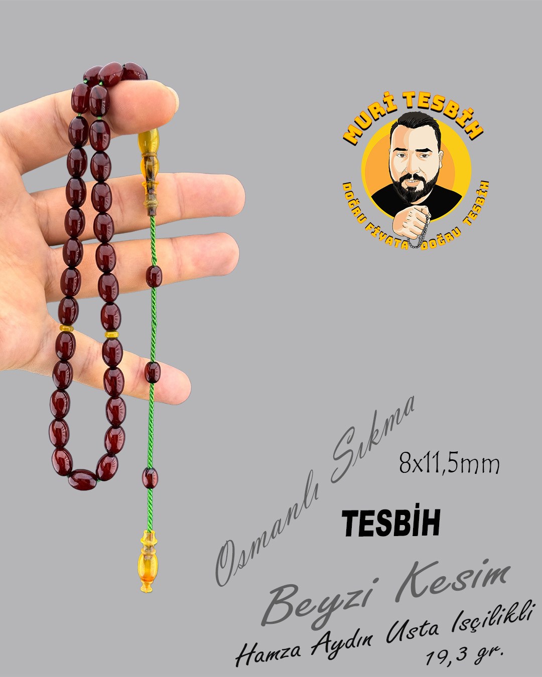 MURİ TESBİH 19,3 gr HAMZA AYDIN OSMANLI SIKMA KOLYE OBJE BEYZİ KESİM 8X11,5mm